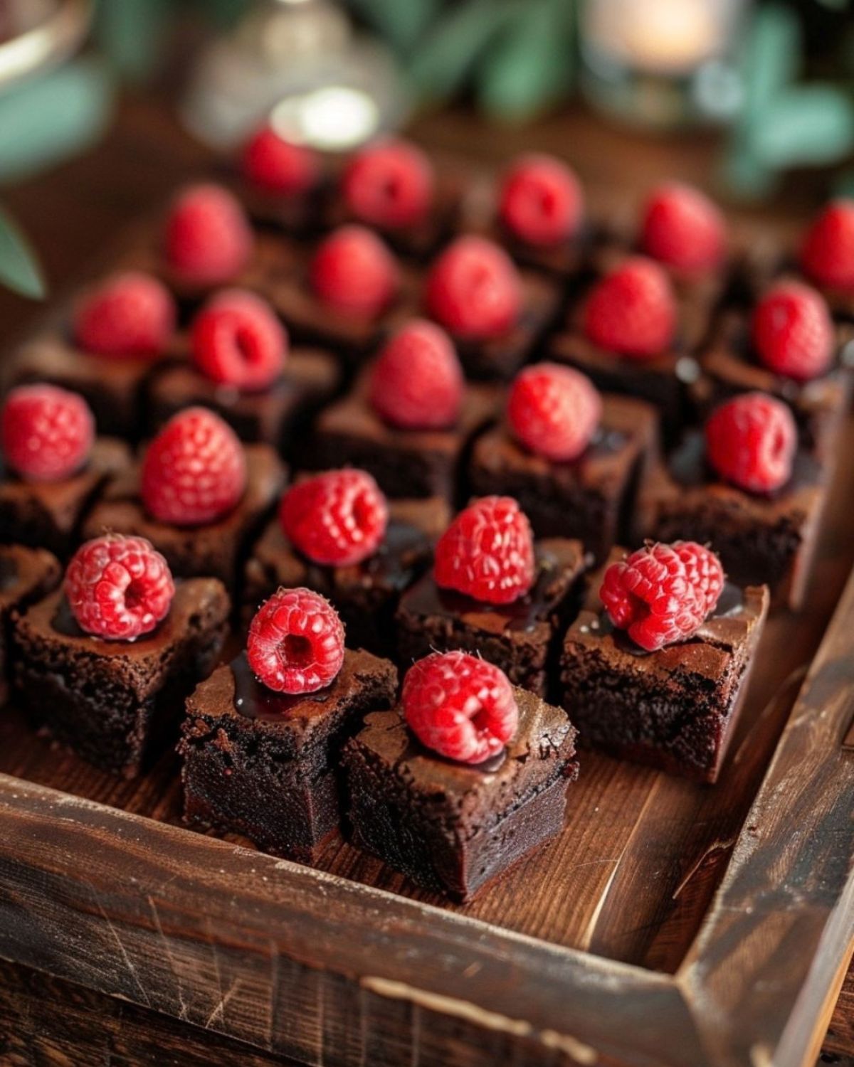 Brownie con frambuesas en la mesa de postres de un evento